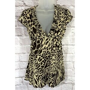 ING Y2K‎ Babydoll Top Medium Deep V Neck Sexy Mobwife Animal Print Stretch Glam